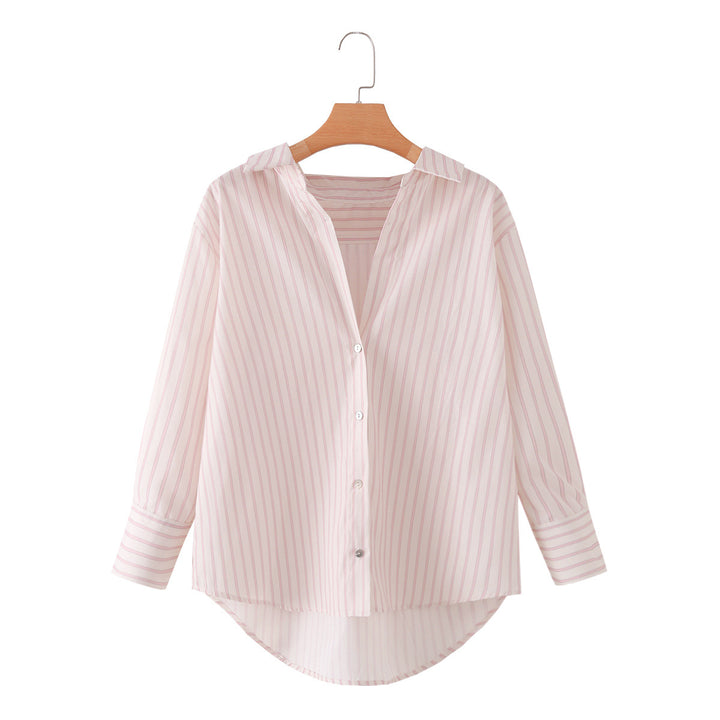 Women Loose Fit Shirt Blouse with Deep V-Neck and Extended Back Hem Drune