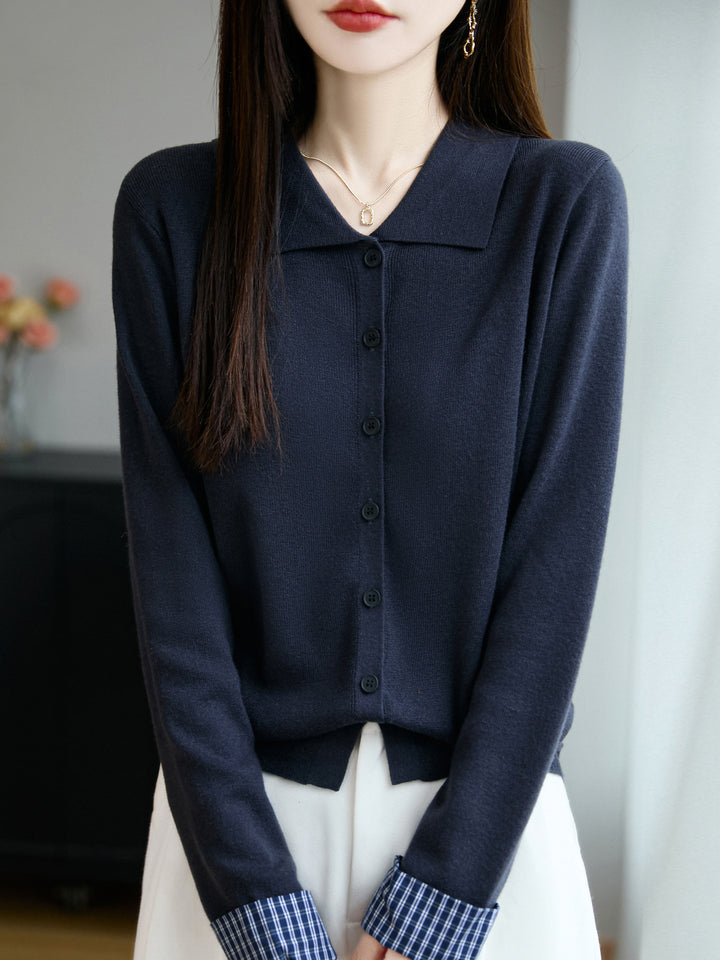 Women's Lightweight Fine Knit Cardigan with Wide Shirt Collar and Front Button Placket Mune Fashion