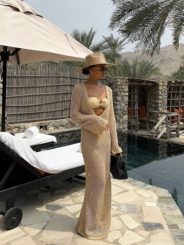 Women Open Crocheted Maxi Dress as Beach Cover-Up with Deep V and Long Sleeves Mune Fashion