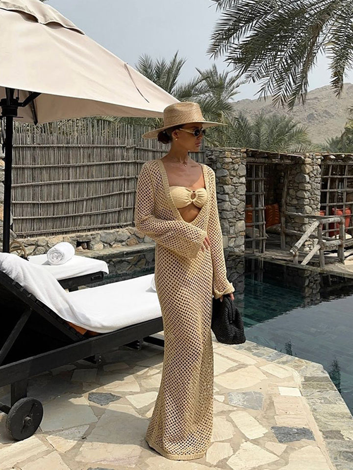 Women Open Crocheted Maxi Dress as Beach Cover-Up with Deep V and Long Sleeves Mune Fashion