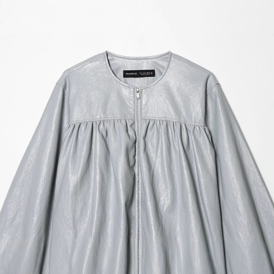 Women nan short shiny oversized bomber jacket with gathered chest yoke and voluminous balloon sleeves Mune Fashion
