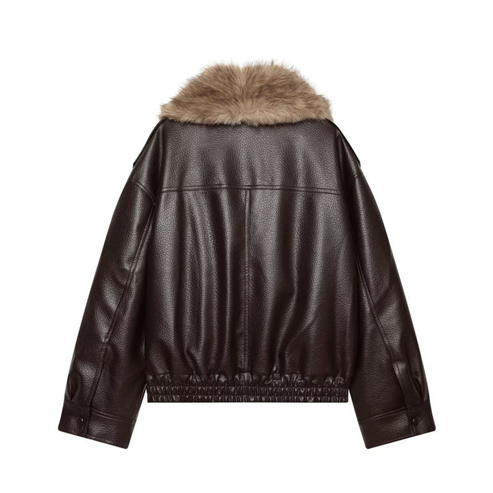 Women’s short-cut leather jacket with full fur collar and elastic hem Mune Fashion