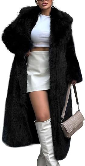 Women's Elegant Maxi Faux Fur Coat with Wide Shawl Collar and Straight Cut Mune Fashion