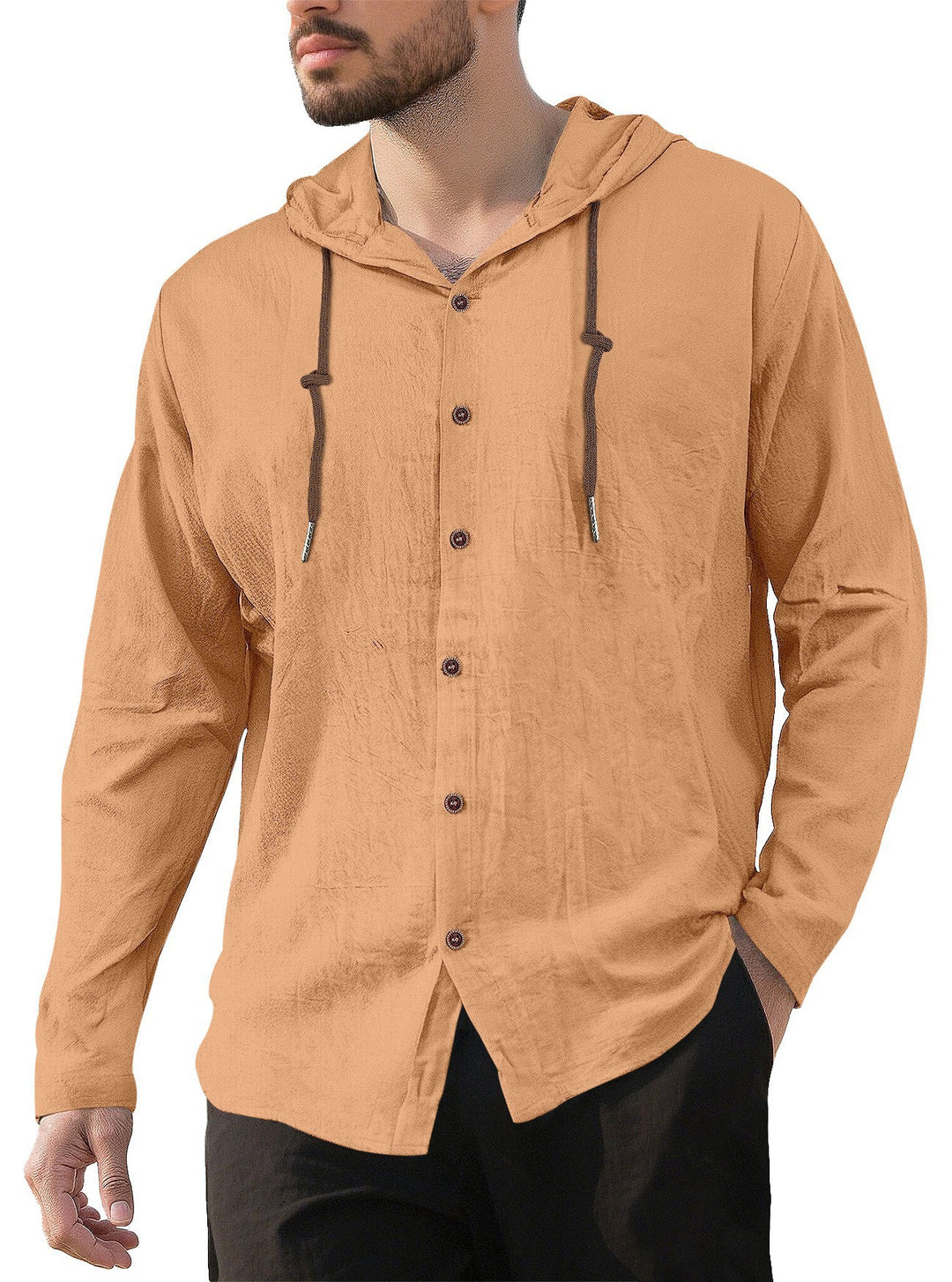 Men's hooded shirt in linen look with button placket and drawstring Mune Fashion