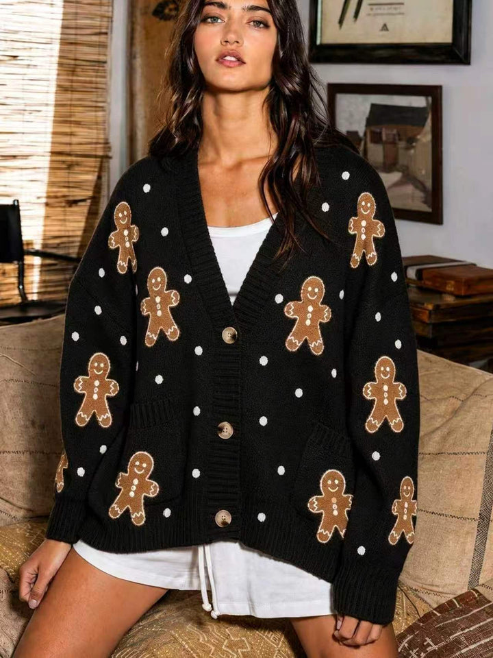 Women nan oversized knitted cardigan with gingerbread embroidery and deep V-neck Mune Fashion