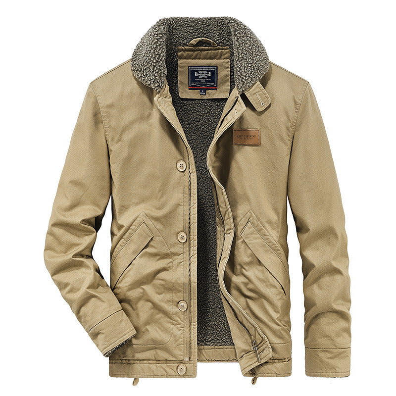 Men's canvas work jacket with sherpa lining, stand-up collar, and diagonal pockets Mune Fashion