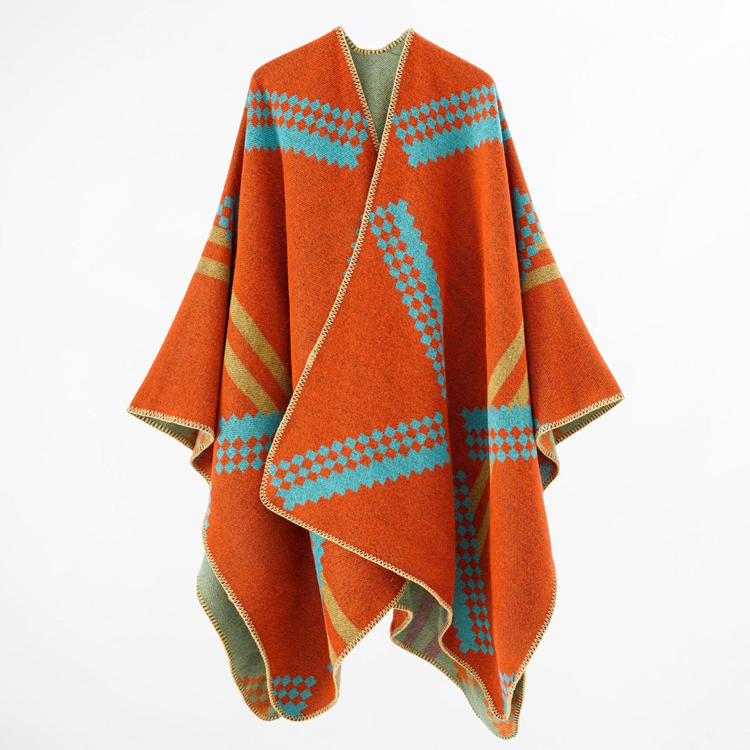Women's Oversized Poncho Cape made of Wool Blend with Geometric Jacquard and Decorative Stitching Mune Fashion