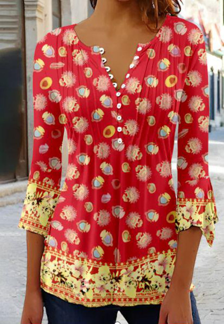 Women nan lightweight Boho blouse with V-neck, decorative pleats, button placket and three-quarter sleeves Mune Fashion
