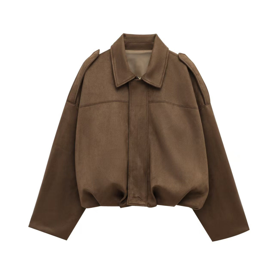 Women Cropped Boxy Transition Jacket in Suede Look with Epaulettes Mune Fashion