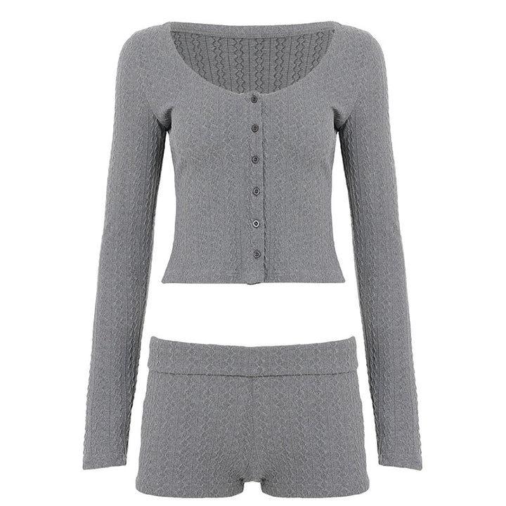 Women's knitted lounge set with U-neck cropped cardigan and high-waist shorts Mune Fashion