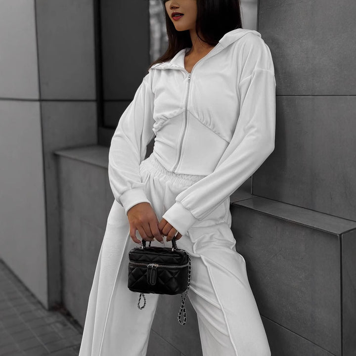 Women's short hooded cropped zip sweatshirt with tailored chest hem and wide velour lounge pants with elastic waistband Mune Fashion