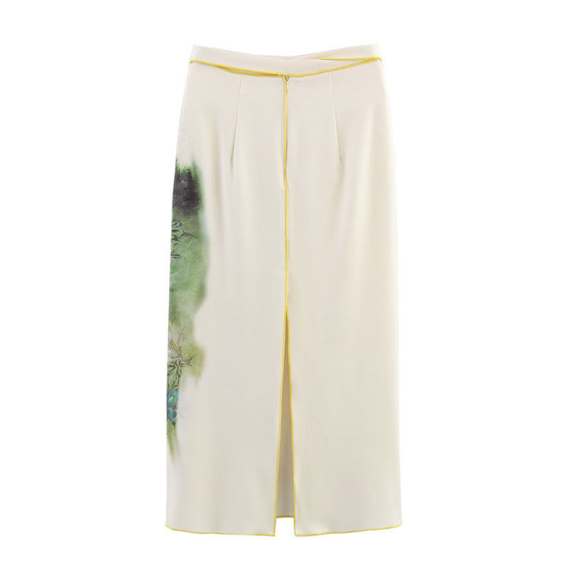 Women's midi skirt with watercolor print, straight cut and decorative tie belt Mune Fashion