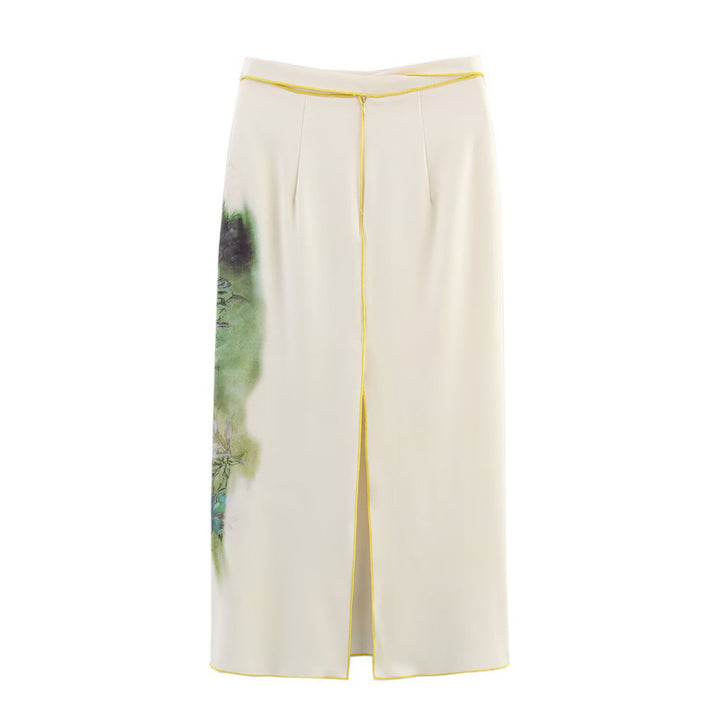 Women's midi skirt with watercolor print, straight cut and decorative tie belt Mune Fashion