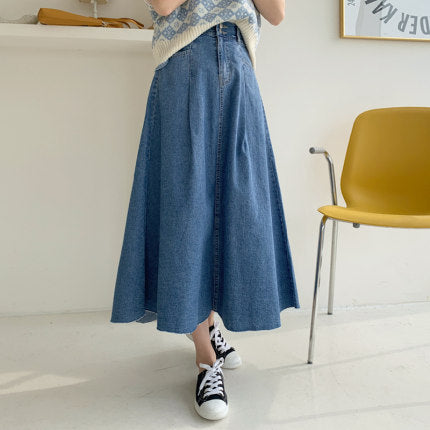 Women's Long Jeans Culotte Skirt with High Waist, Boxy A-Line Silhouette and Side Pockets Mune Fashion