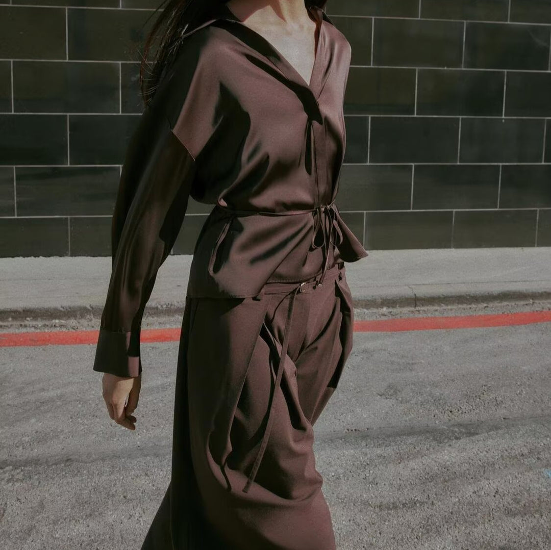 Women's satin blouse with drawstring waist, wide shirt collar, and wide cuffs Mune Fashion