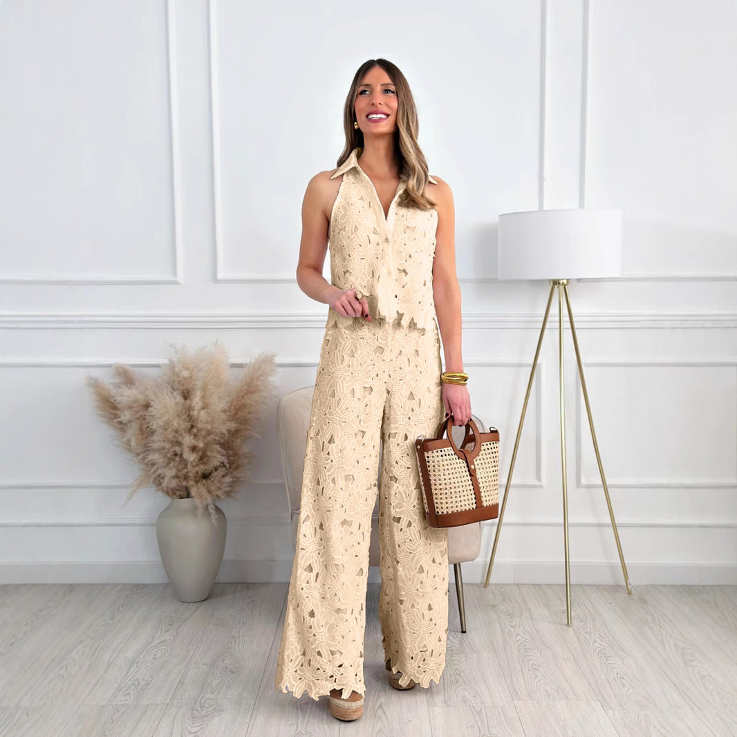 Women floral lace two-piece with shirt collar and wide palazzo pants Mune Fashion