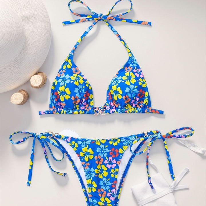 Women's triangle bikini with refined ties and colorful floral pattern Mune Fashion