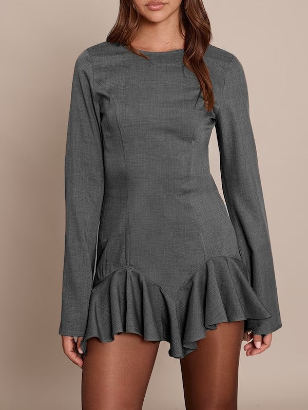 Women's Figure-Hugging Long Sleeve Mini Dress with Tailored Seams and Ruffle Hem