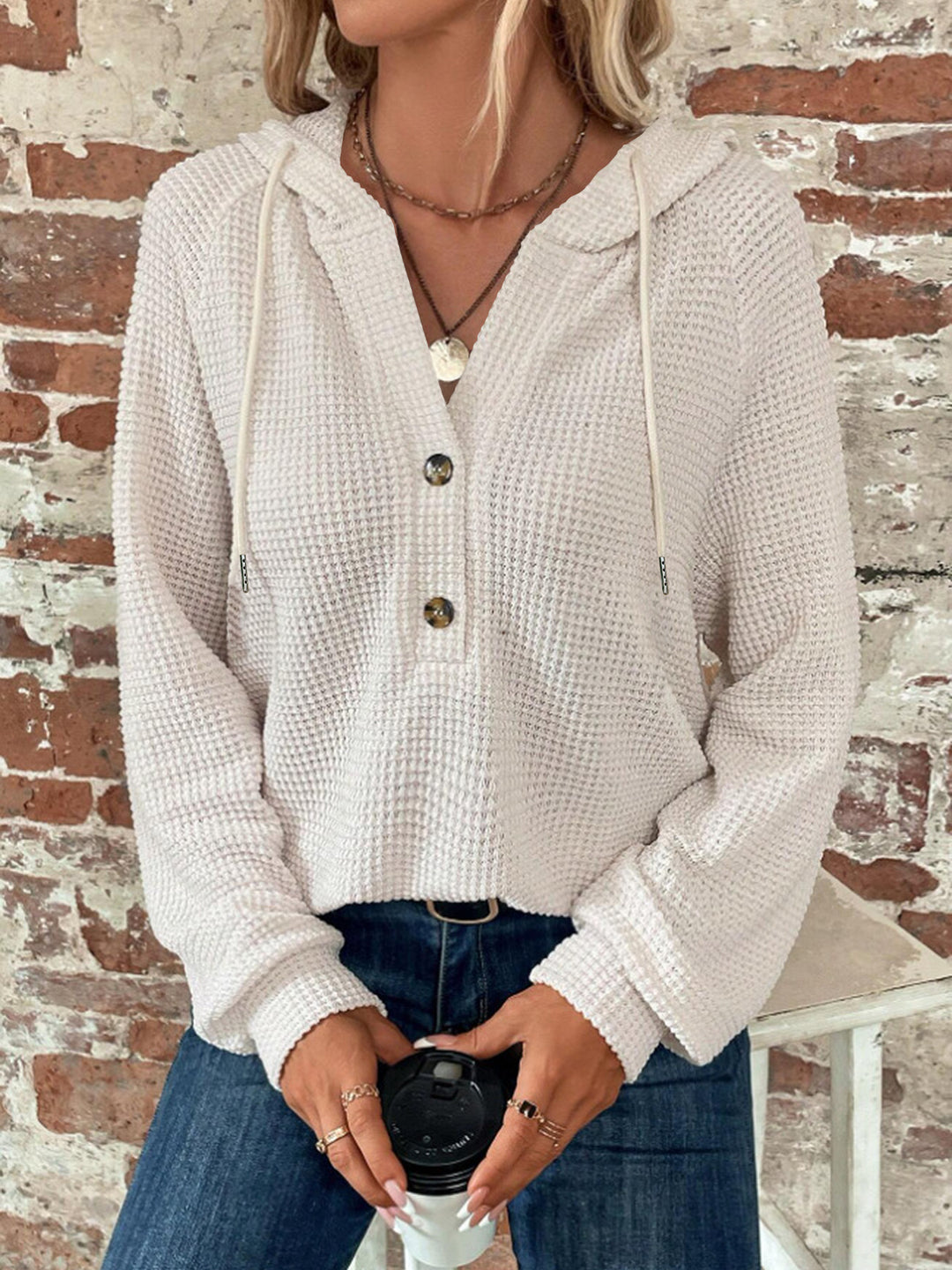 Women's Waffle Knit Hoodie with Button Placket and Ruffle Collar Mune Fashion