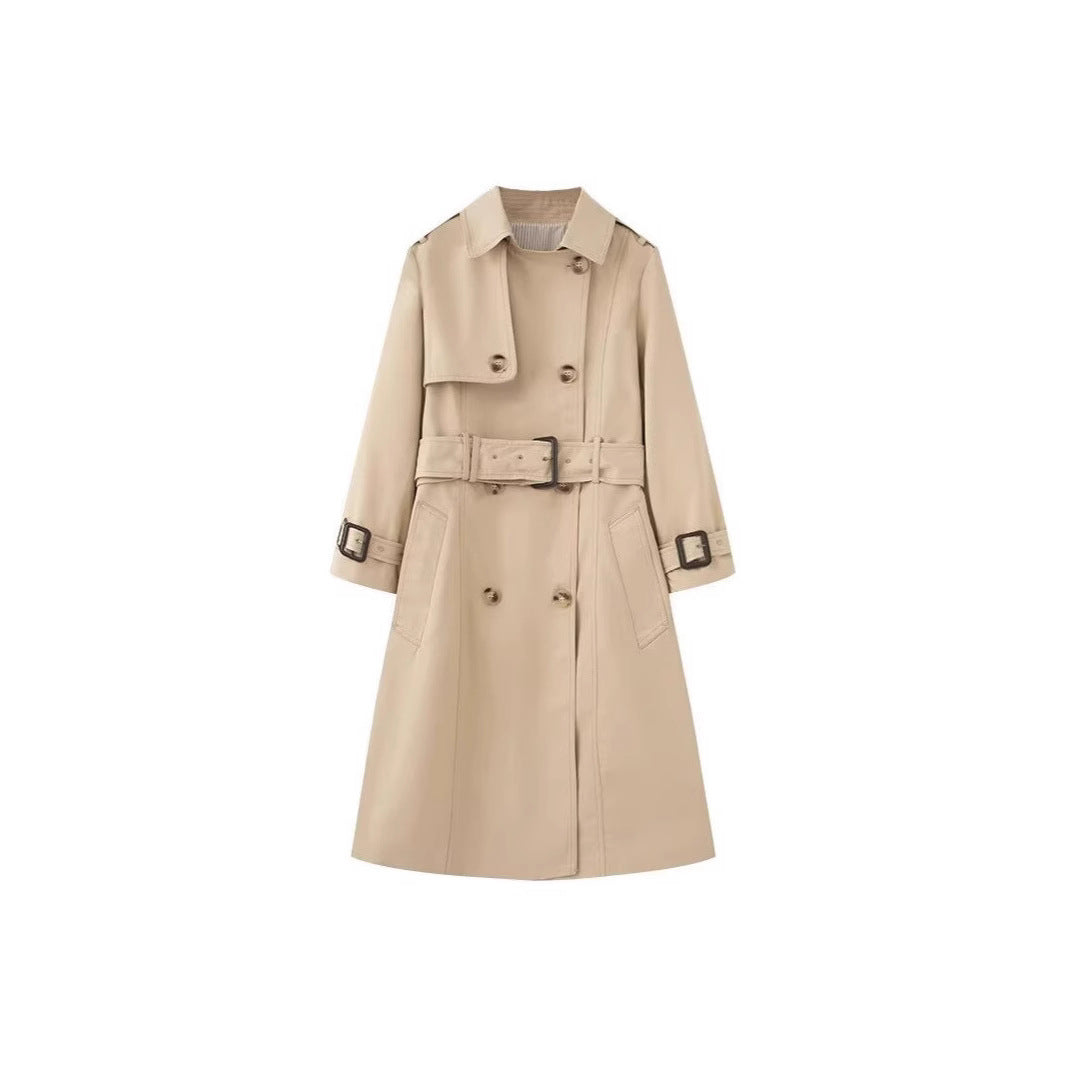 Women's Longer tailored trench coat with double-breasted button placket, waist belt, and sleeve tab Mune Fashion
