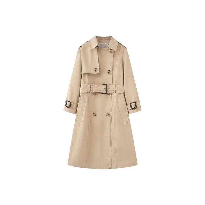 Women's Longer tailored trench coat with double-breasted button placket, waist belt, and sleeve tab Mune Fashion