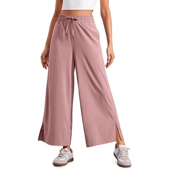 Women's wide culotte pants with elastic waistband, drawstring and side slits Mune Fashion