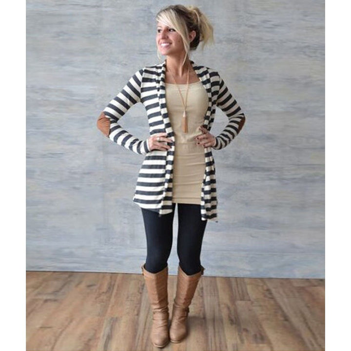 Women's Striped Long Cardigan with Open Waterfall Cut and Elbow Patches Mune Fashion