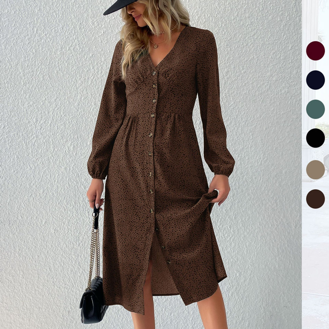 Women's V-neck midi dress with button placket, tailored fit and balloon sleeves Mune Fashion
