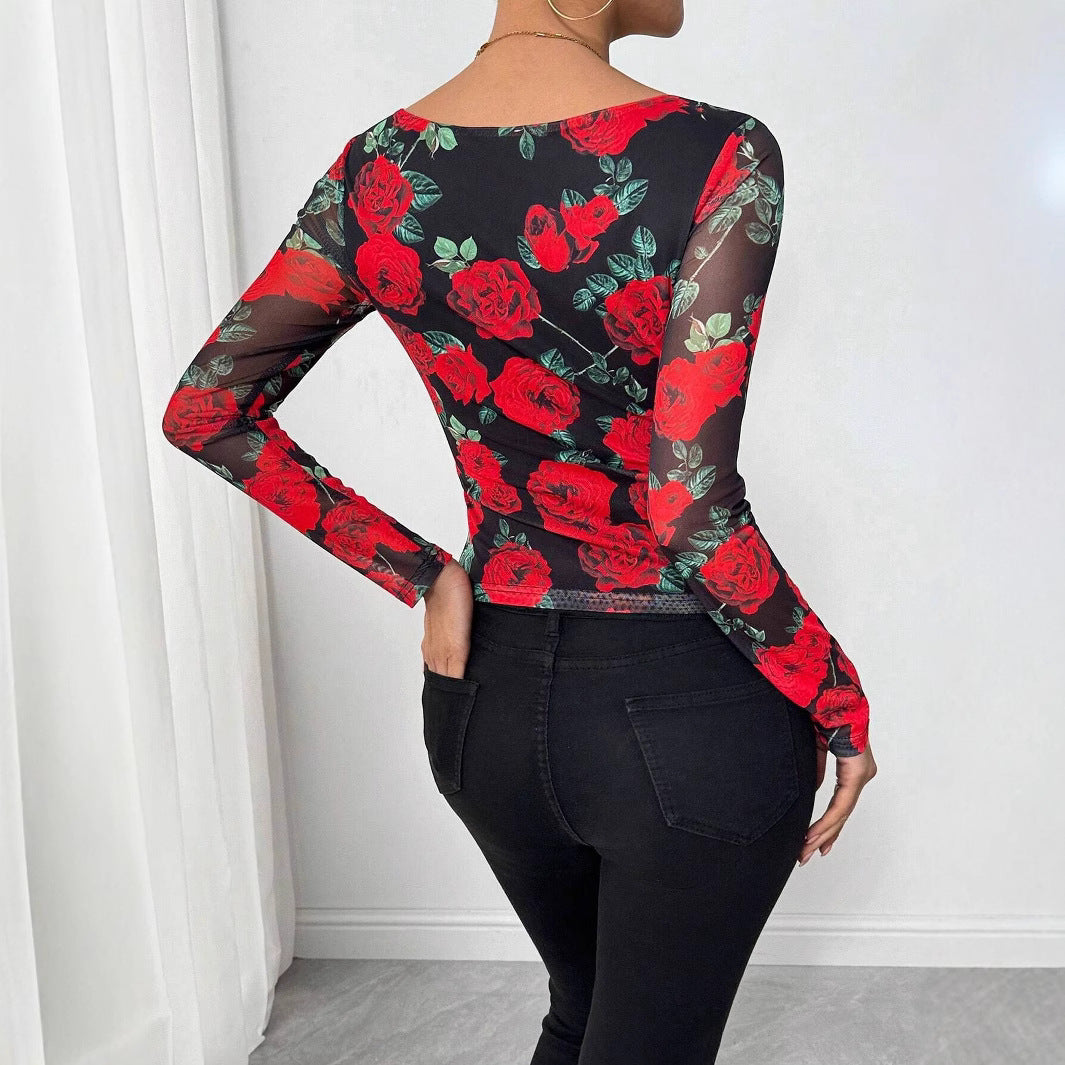Women close-fitting stretch shirt with square neckline, fine mesh structure and large rose print Mune Fashion