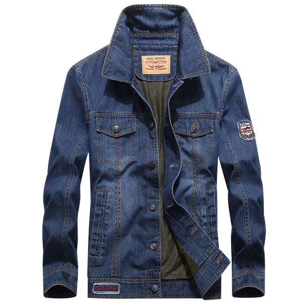 Men's lightweight denim jacket in worker blouson style with breathable mesh lining and sleeve patch Mune Fashion