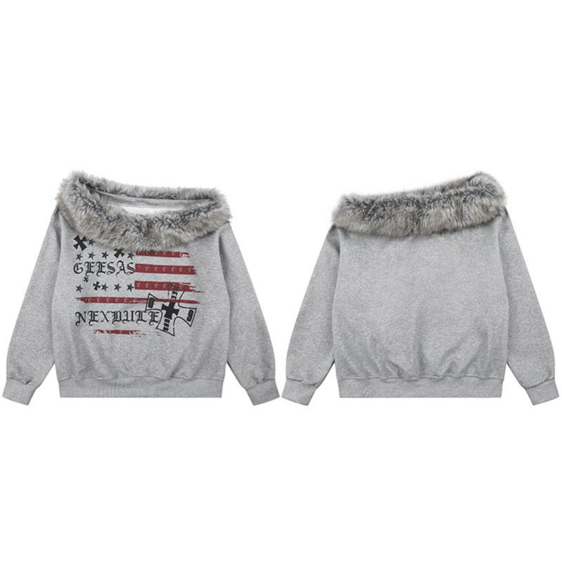 Women's Off-Shoulder Sweatshirt with Fake-Fur Collar, Relaxed Fit and Vintage Flag Print Mune Fashion