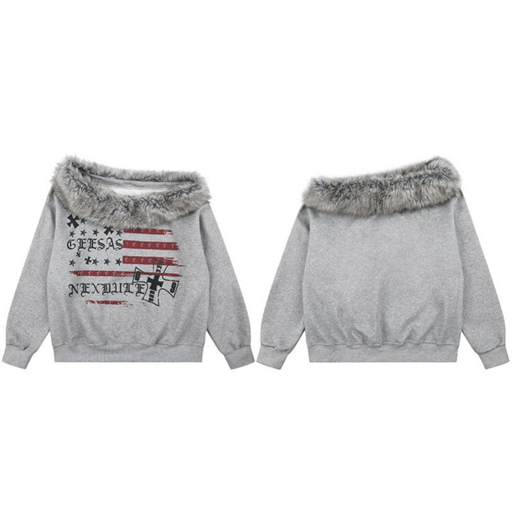 Women's Off-Shoulder Sweatshirt with Fake-Fur Collar, Relaxed Fit and Vintage Flag Print Mune Fashion