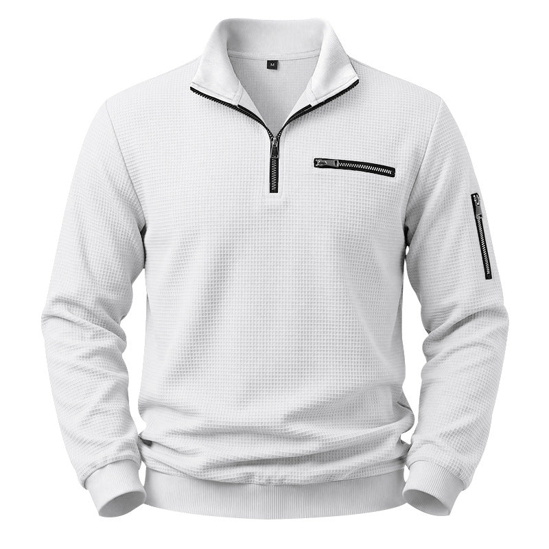Men's Structured Waffle Sweater with Half-Zip and Zipper Pockets Mune Fashion
