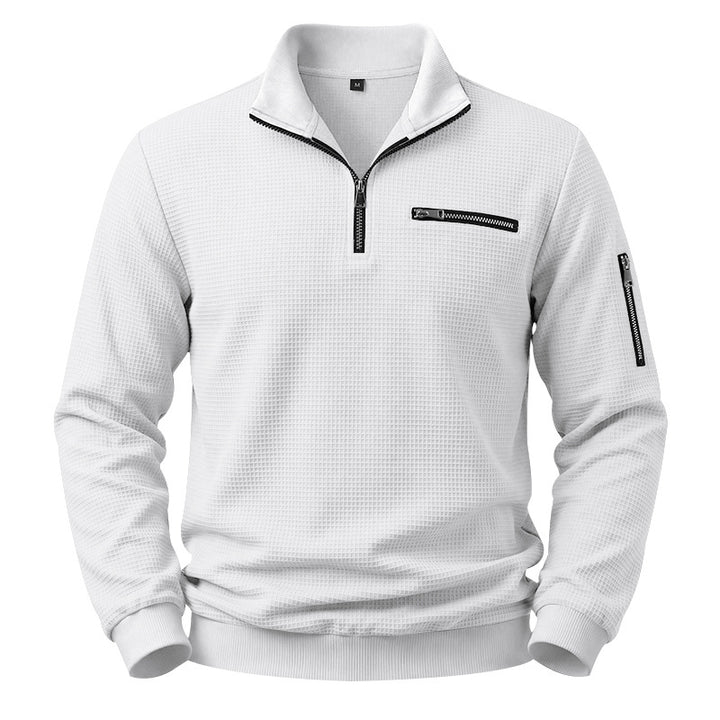 Men's Structured Waffle Sweater with Half-Zip and Zipper Pockets Mune Fashion