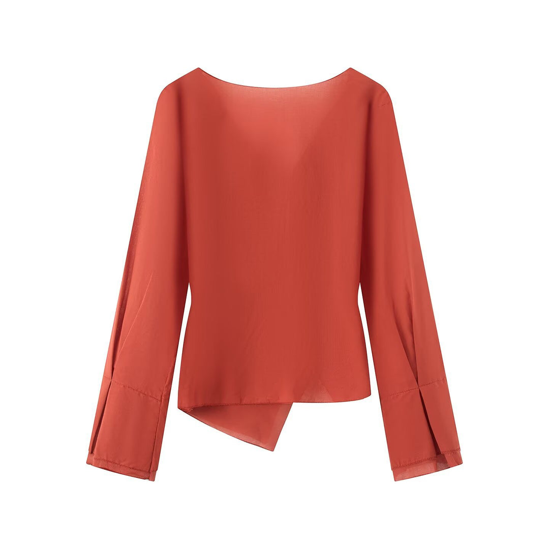 Women's wrap blouse with asymmetrical front, V-neck and tie belt Mune Fashion