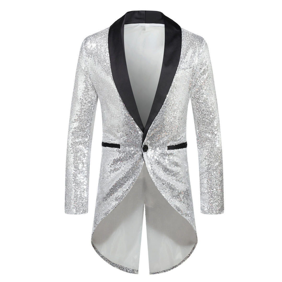 Men's sequin tuxedo jacket with shawl collar satin trim and curved swallowtail Mune Fashion