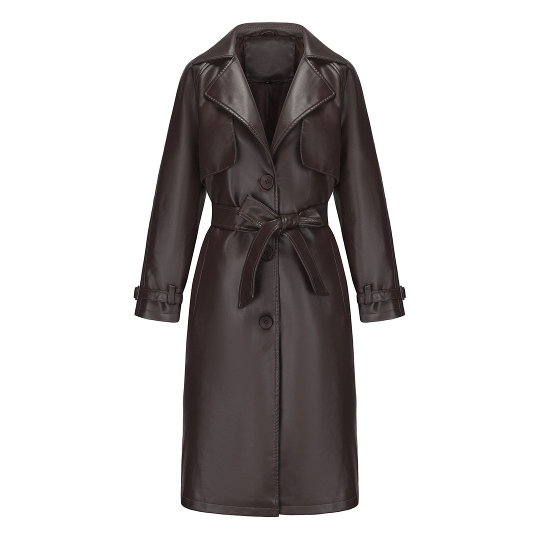Women's longer tailored faux leather trench coat with tie belt Mune Fashion