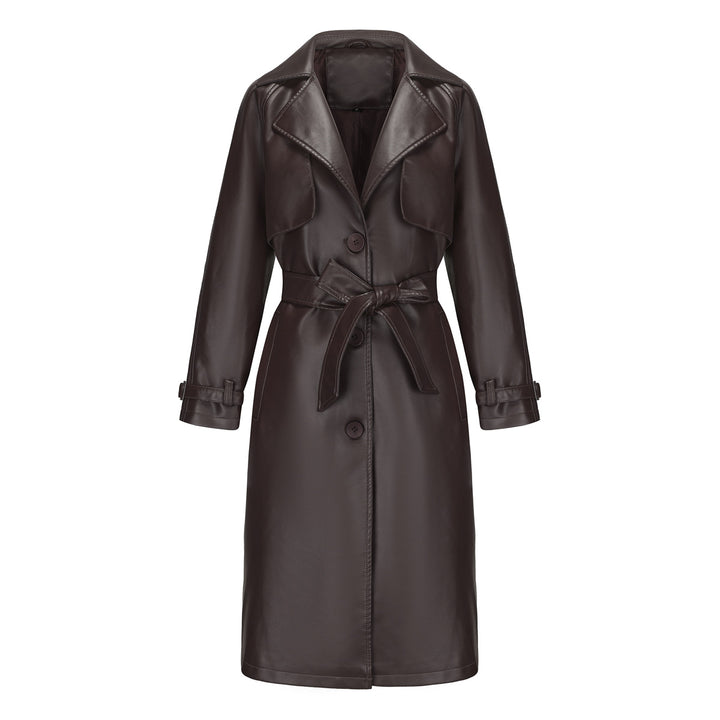 Women's longer tailored faux leather trench coat with tie belt Mune Fashion