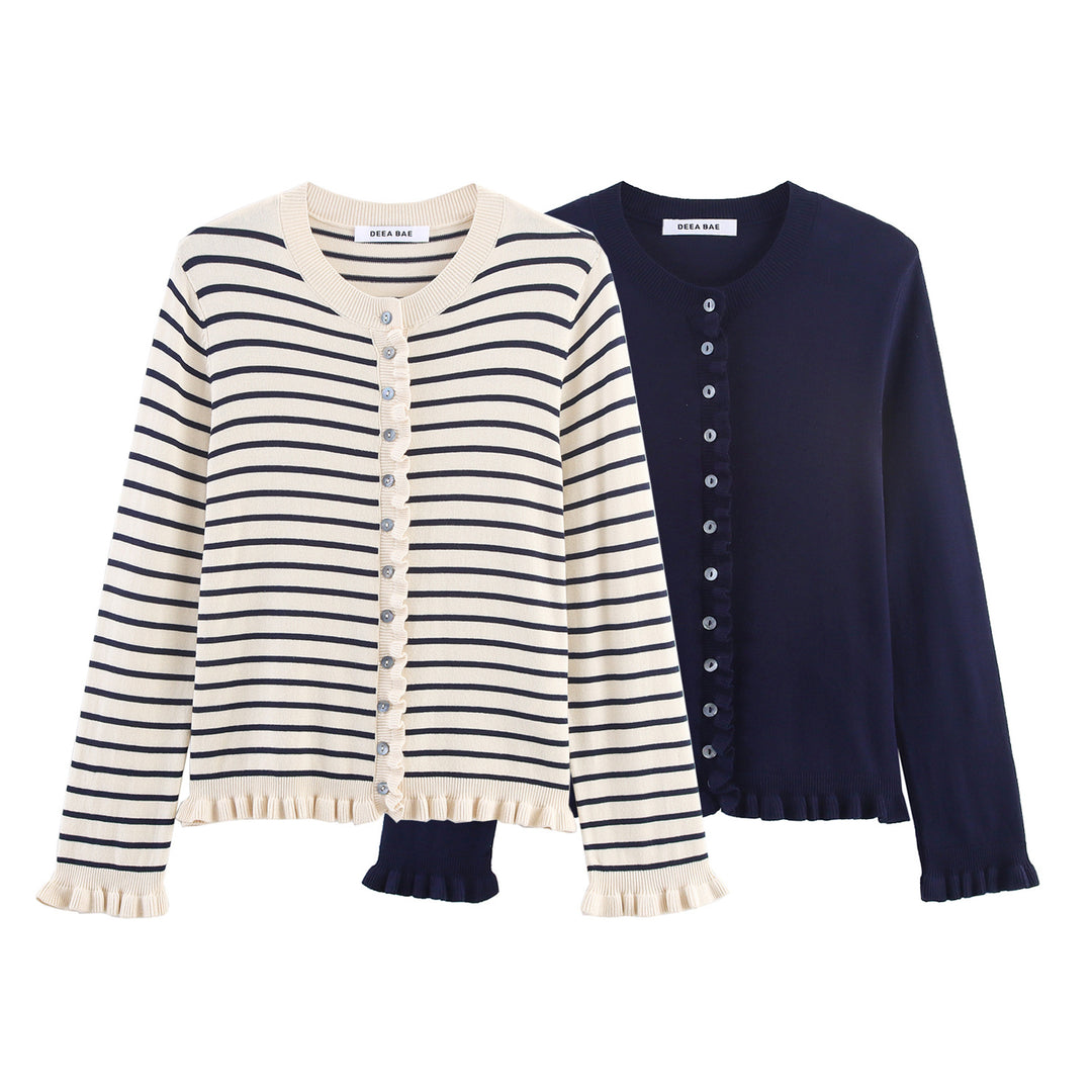 Ladies' Fine Knit Cardigan with Ruffle Trim and Pearl Buttons Mune Fashion