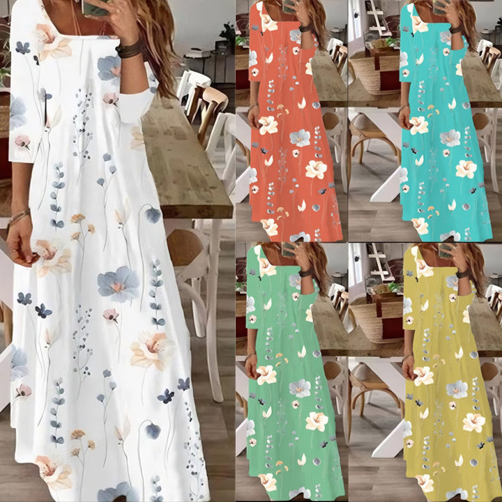 Women's Flowing Maxi Dress with Three-Quarter Sleeves, Boat Neck and Floral Allover Print Mune Fashion