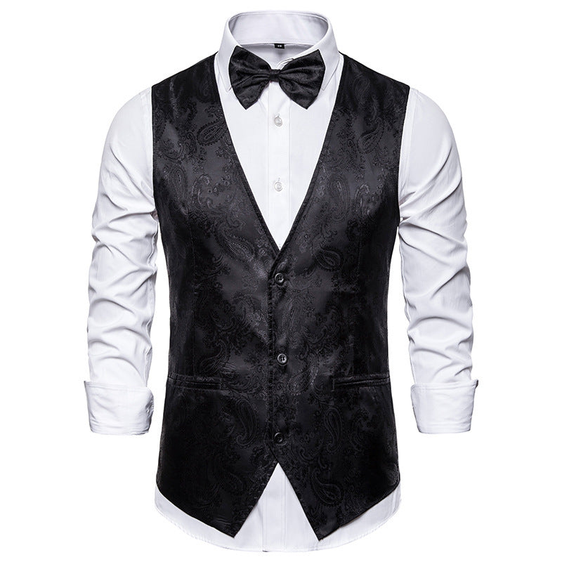 Men's tailored satin vest with ornamental jacquard pattern, V-neck and three buttons Mune Fashion