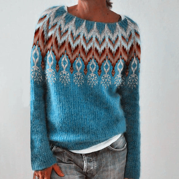 Women's patterned Norwegian knit sweater with wide round neckline and casual oversized fit Mune Fashion