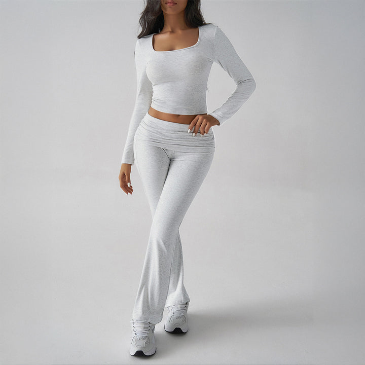 Women's figure-hugging cropped set with long-sleeve top with square neckline and flared high-waist yoga pants Mune Fashion