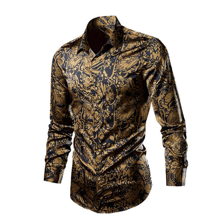 Men's fitted long-sleeve shirt with striking leopard print, lightweight satin look, and elastic slim fit Mune Fashion