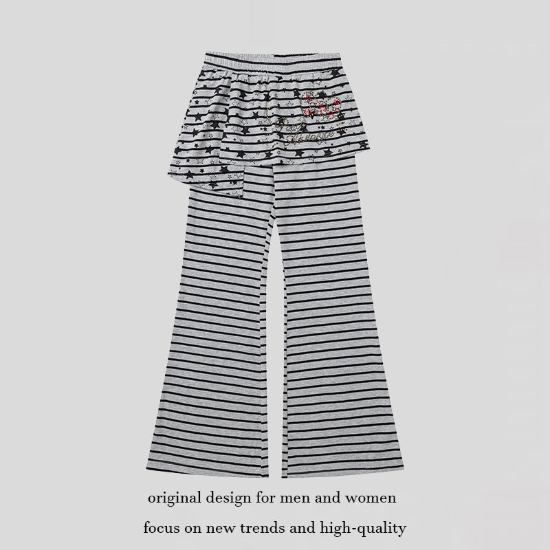 Women's Striped Palazzo Jersey Pants with Attached Ruffle Skirt and Wide Flare