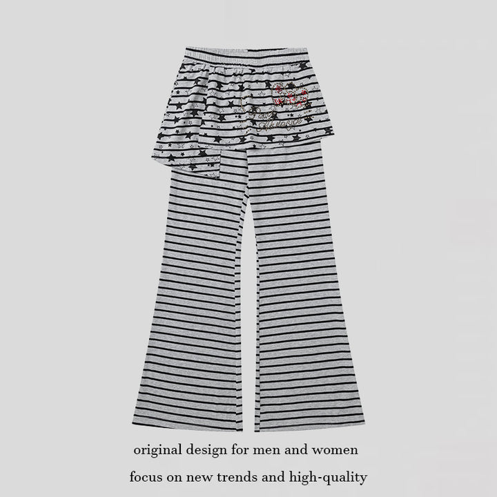 Women's Striped Palazzo Jersey Pants with Attached Ruffle Skirt and Wide Flare