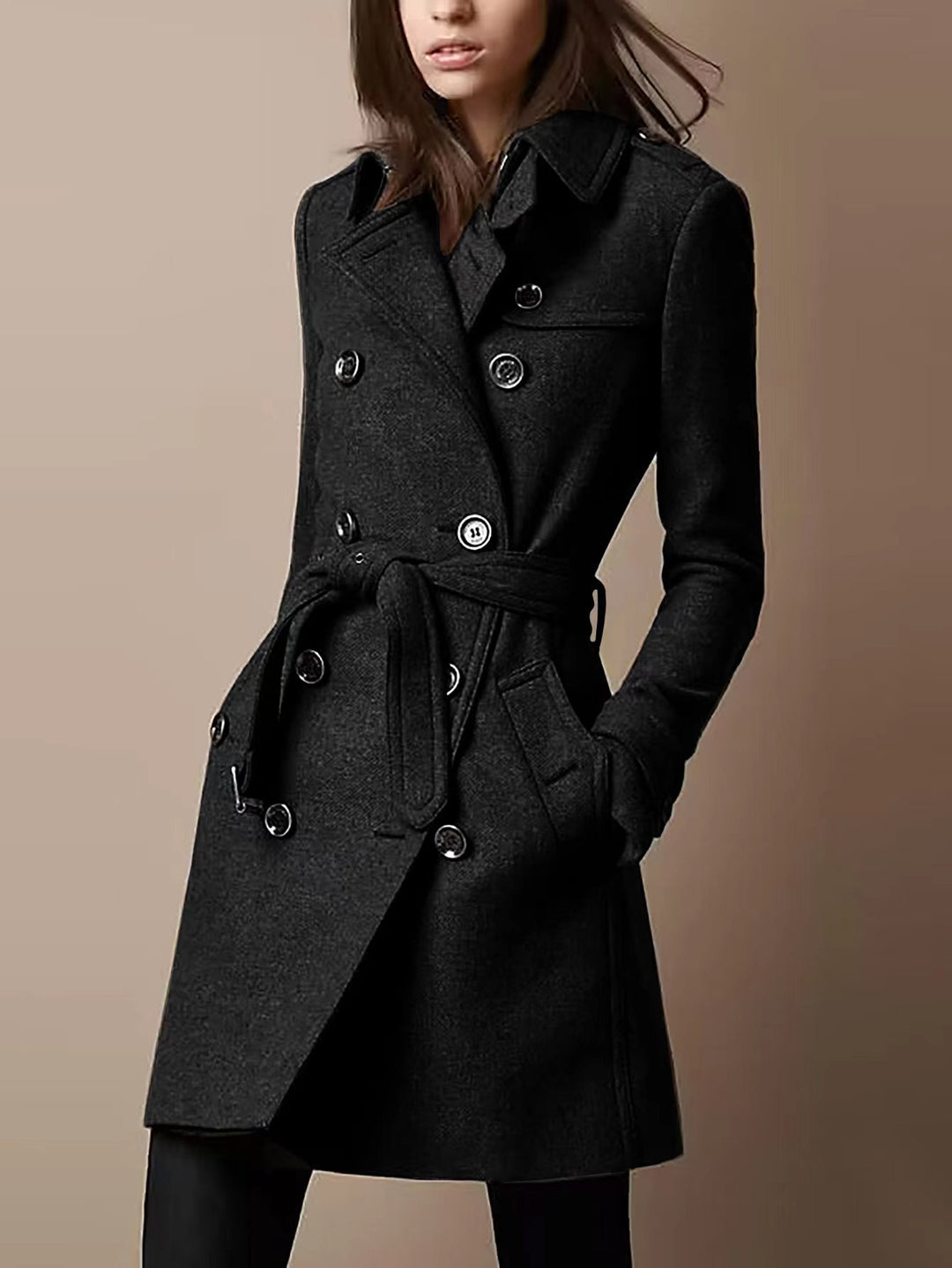 Women's Double-Breasted Wool Blend Trench Coat with Waist Belt Mune Fashion