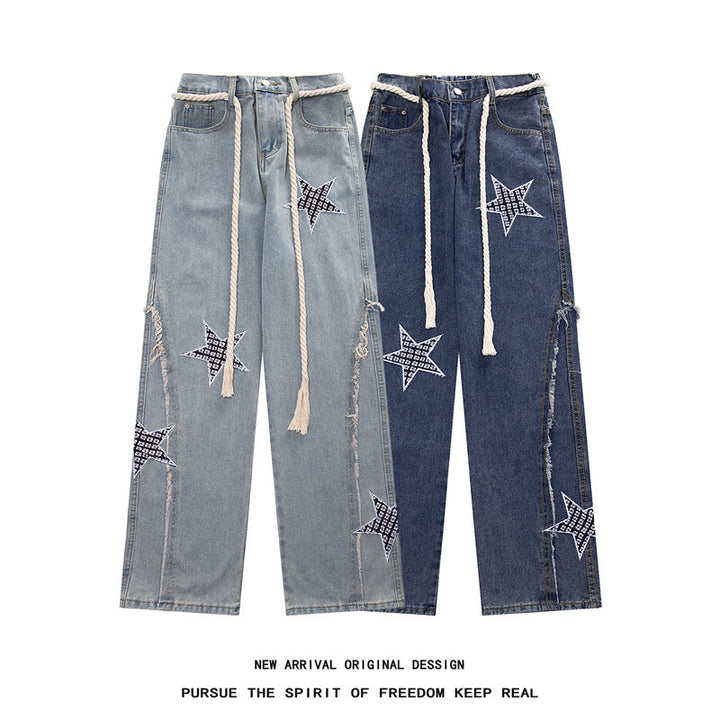 Women Wide High-Waist Denim Pants with Star Applications, Fringe Side Slits and Drawstring Waist Mune Fashion