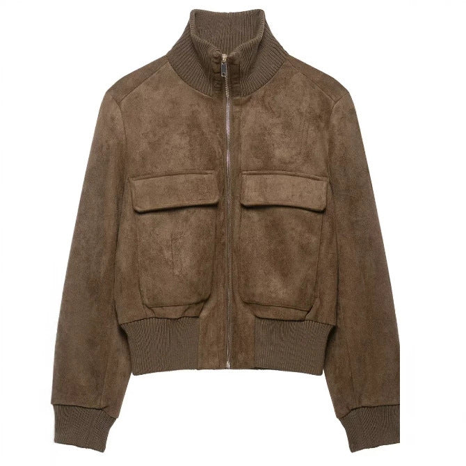 Ladies short-cut suede bomber jacket with ribbed collar and patch flap pockets Mune Fashion
