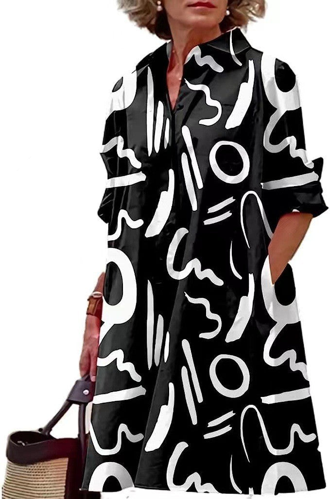 Ladies A-line shirt dress with rolled-up 3/4 sleeves and side pockets Mune Fashion